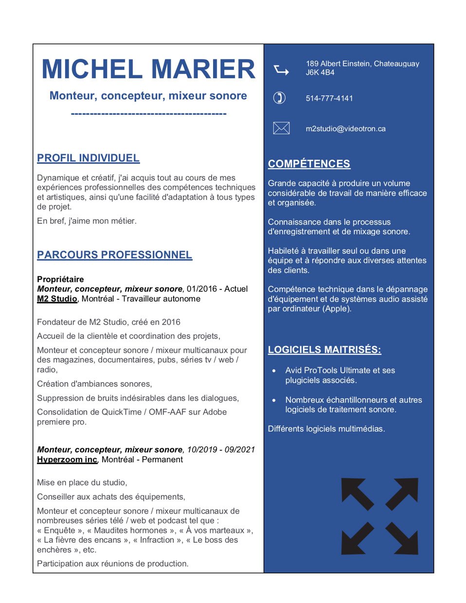 M2 Studio Post production sonore. curriculum vitae, cheminement professionnel. page 01