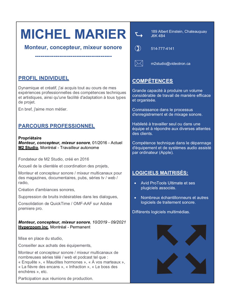 M2 Studio Post production sonore. curriculum vitae, cheminement professionnel. page 01